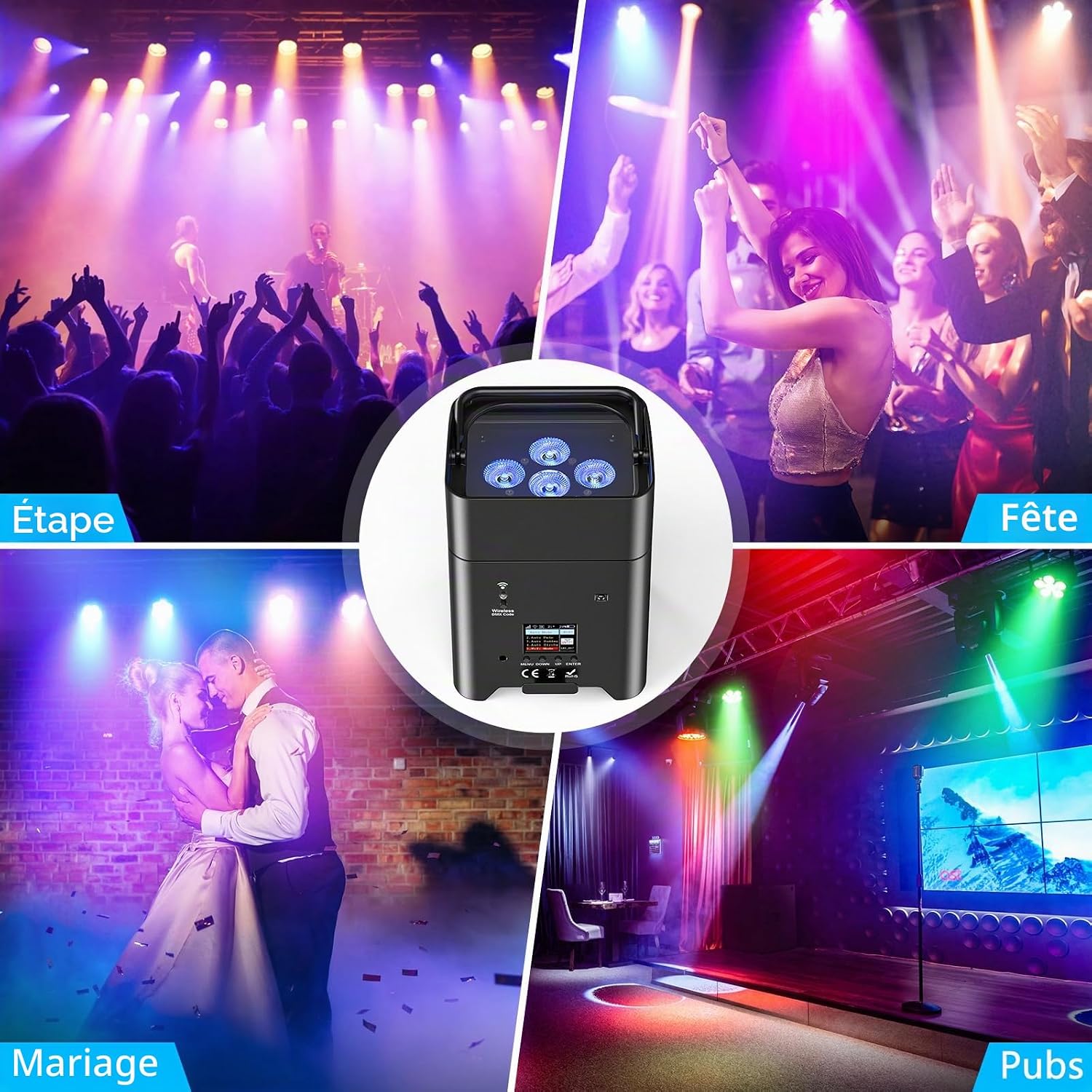 4 projecteur sur batterie Puissance 108 W RGBWA+UV rechargeable + 220V +télécommande sans fi – Image 2